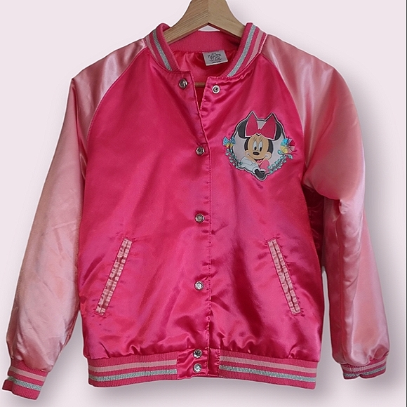 Minnie Mouse Girls Jacket Pink Coat Size 9 10 Satin Bomber Varsity Embroidered - Picture 2 of 13